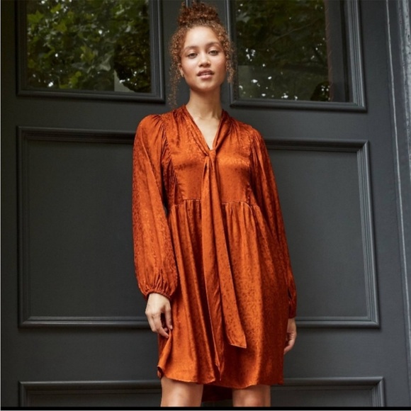 a new day Dresses & Skirts - a new day Burnt Orange Tie-Neck Long Sleeve Mini Dress